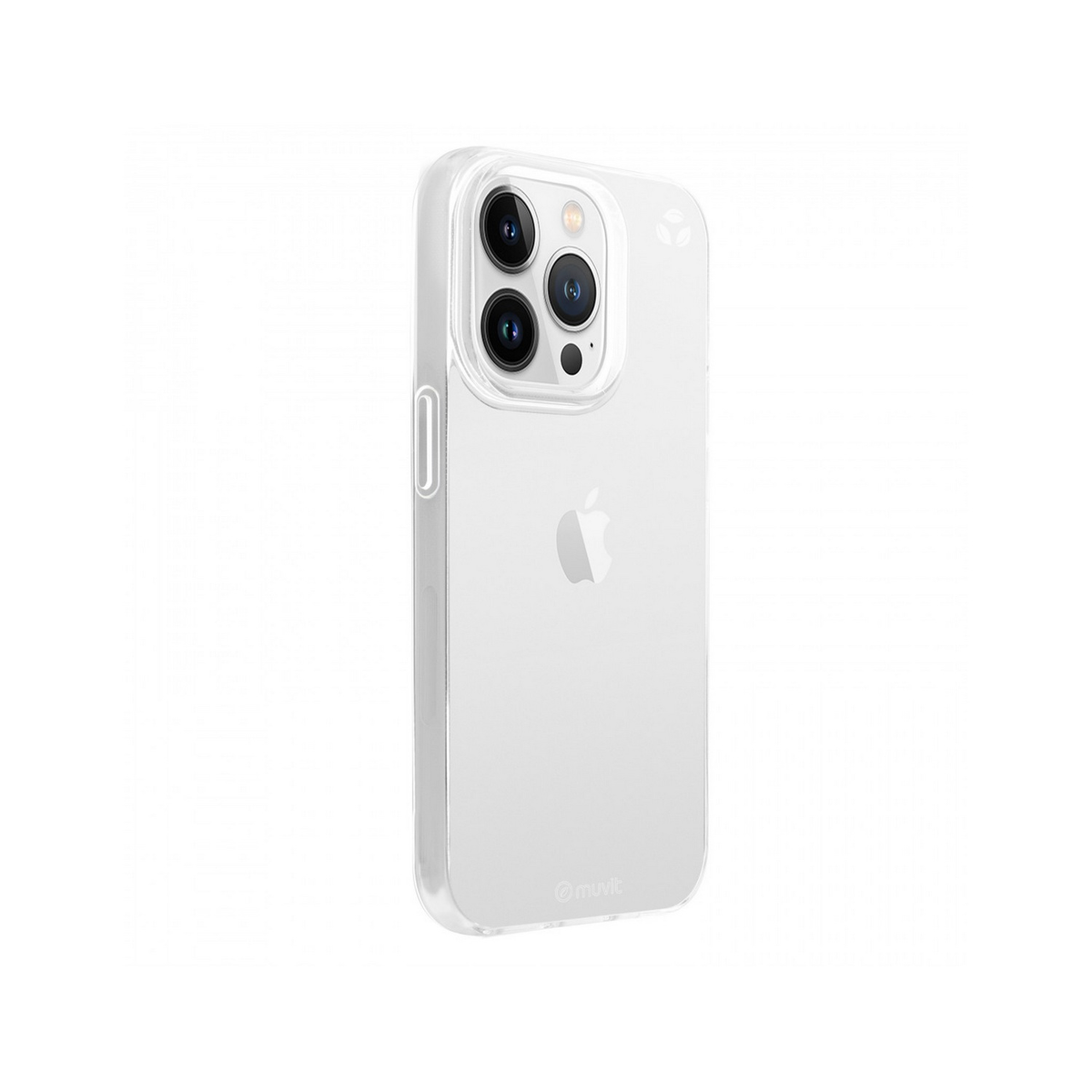 Una funda transparente para teléfono con el logotipo blanco de Apple y tres lentes de cámara.
