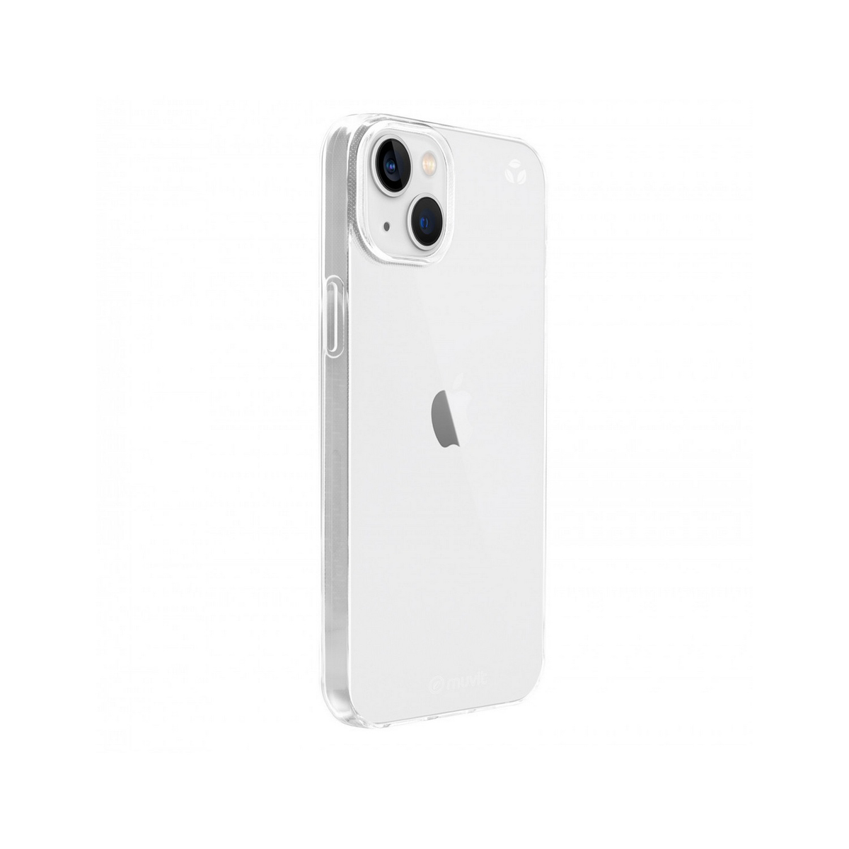 Una funda de teléfono transparente para un iPhone, que muestra la cámara y el logotipo de Apple, ligeramente en ángulo.