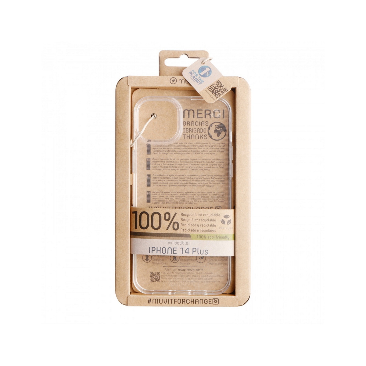 Funda transparente en una caja de cartón, con texto en varios idiomas y código QR.