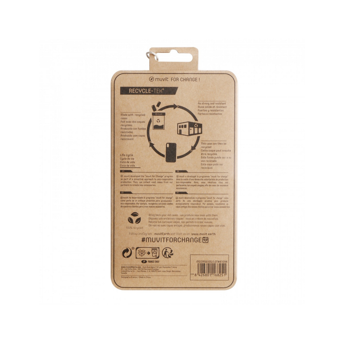 Caja de cartón con una funda de teléfono dentro. Texto y gráficos impresos en la parte delantera.