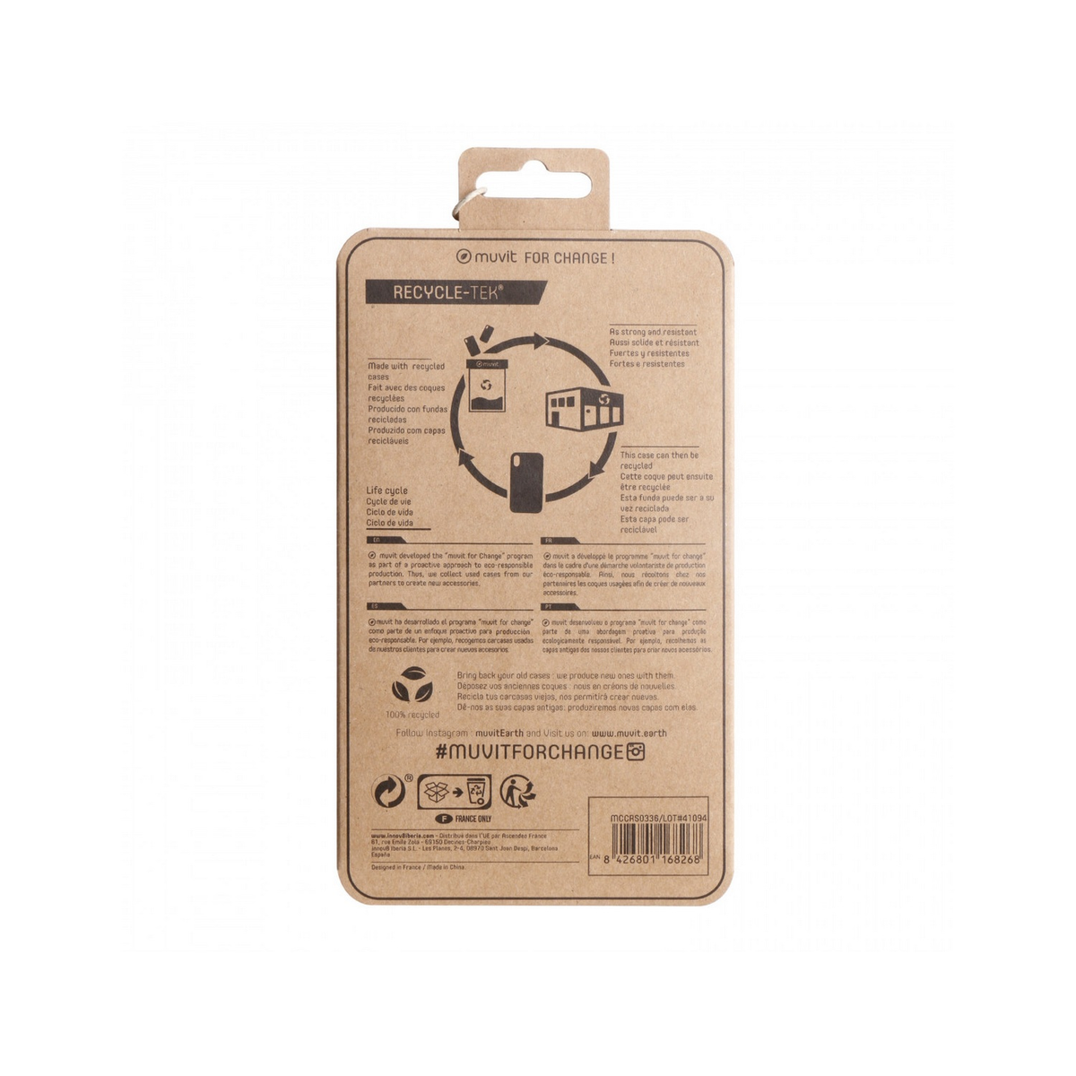 Un empaque de producto de cartón con texto e imágenes. Tiene una funda para teléfono y una descripción.