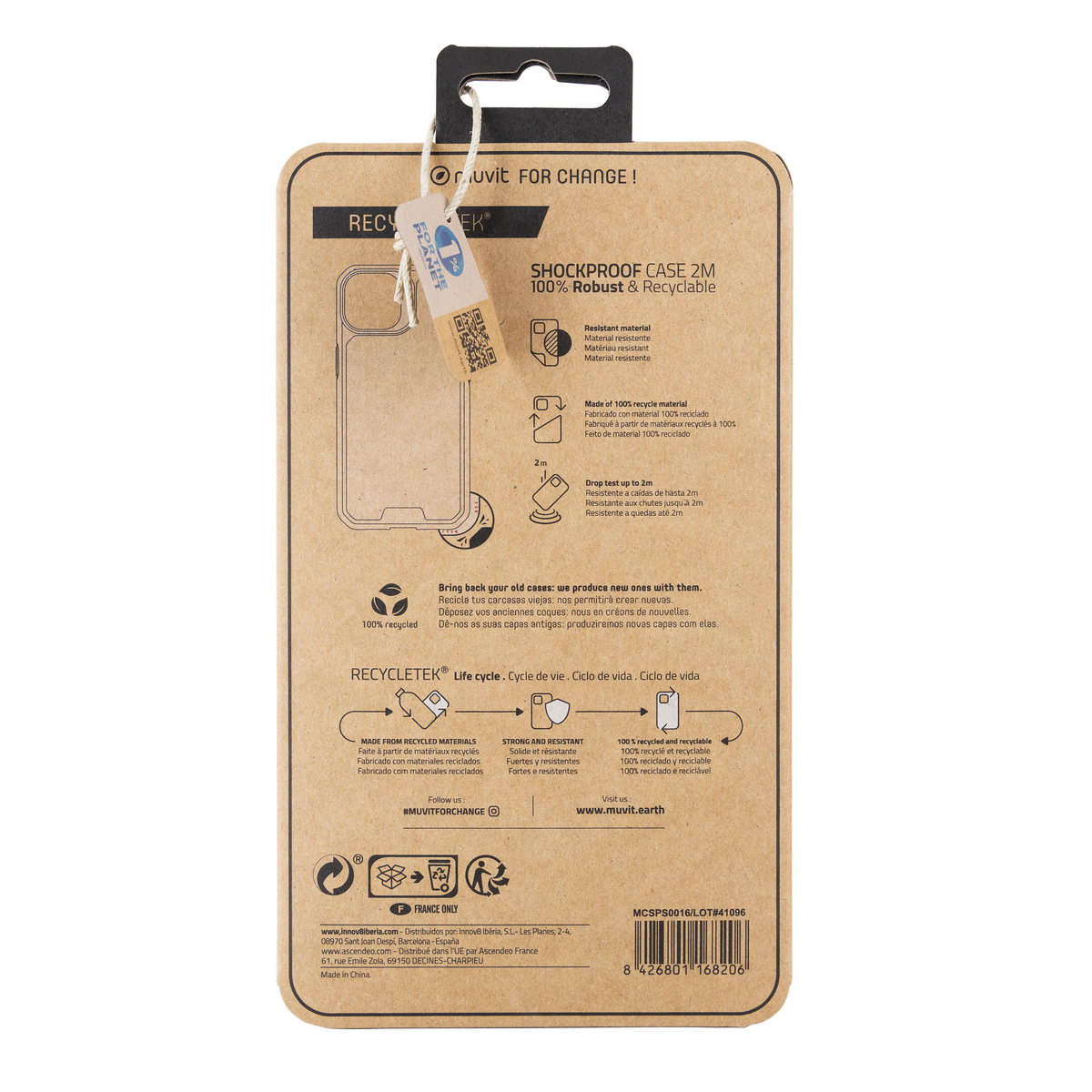 Embalaje de funda de teléfono con texto e imágenes sobre materiales reciclados.