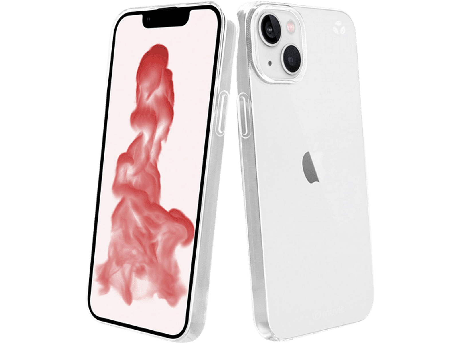 Teléfono y funda: teléfono y funda blancos. Diseño de humo rojo en la pantalla.