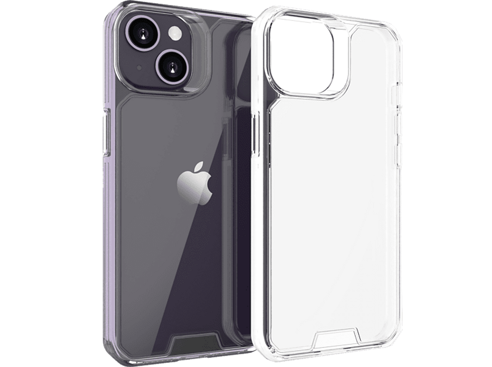 Funda transparente para teléfono con teléfono dentro. El teléfono tiene múltiples cámaras y un logotipo de Apple. La funda es transparente.