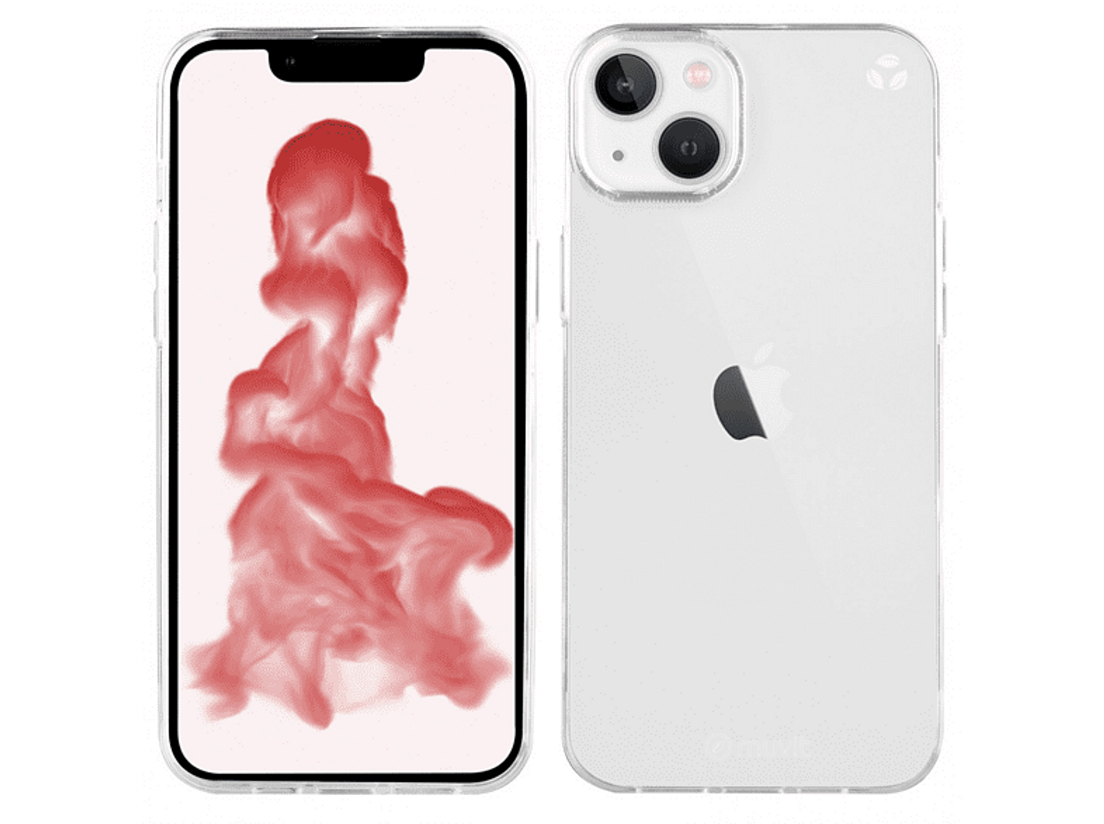 Dos iPhones, uno con diseño abstracto rojo en pantalla, el otro mostrando la parte trasera.