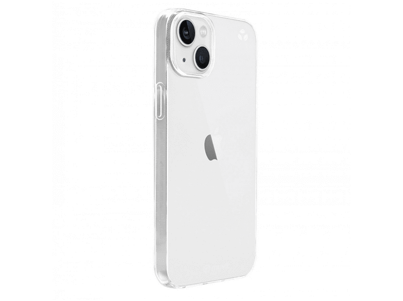 iPhone blanco con funda transparente, visto de lado.