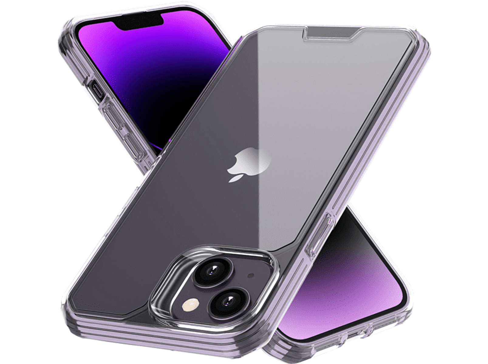 Una funda de teléfono, transparente con marco morado, muestra el teléfono. El teléfono tiene parte trasera morada y cámaras negras.