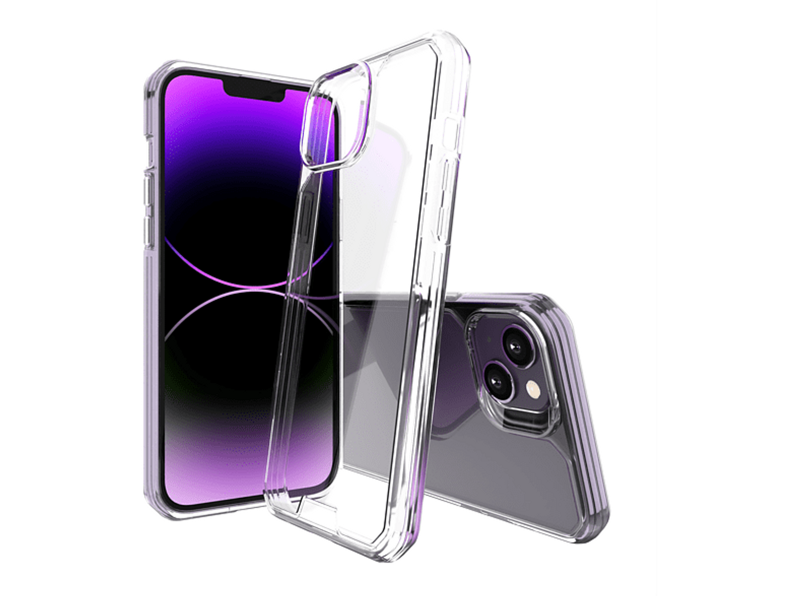 Funda de teléfono con parte trasera transparente y teléfono morado dentro, con borde protector claro.