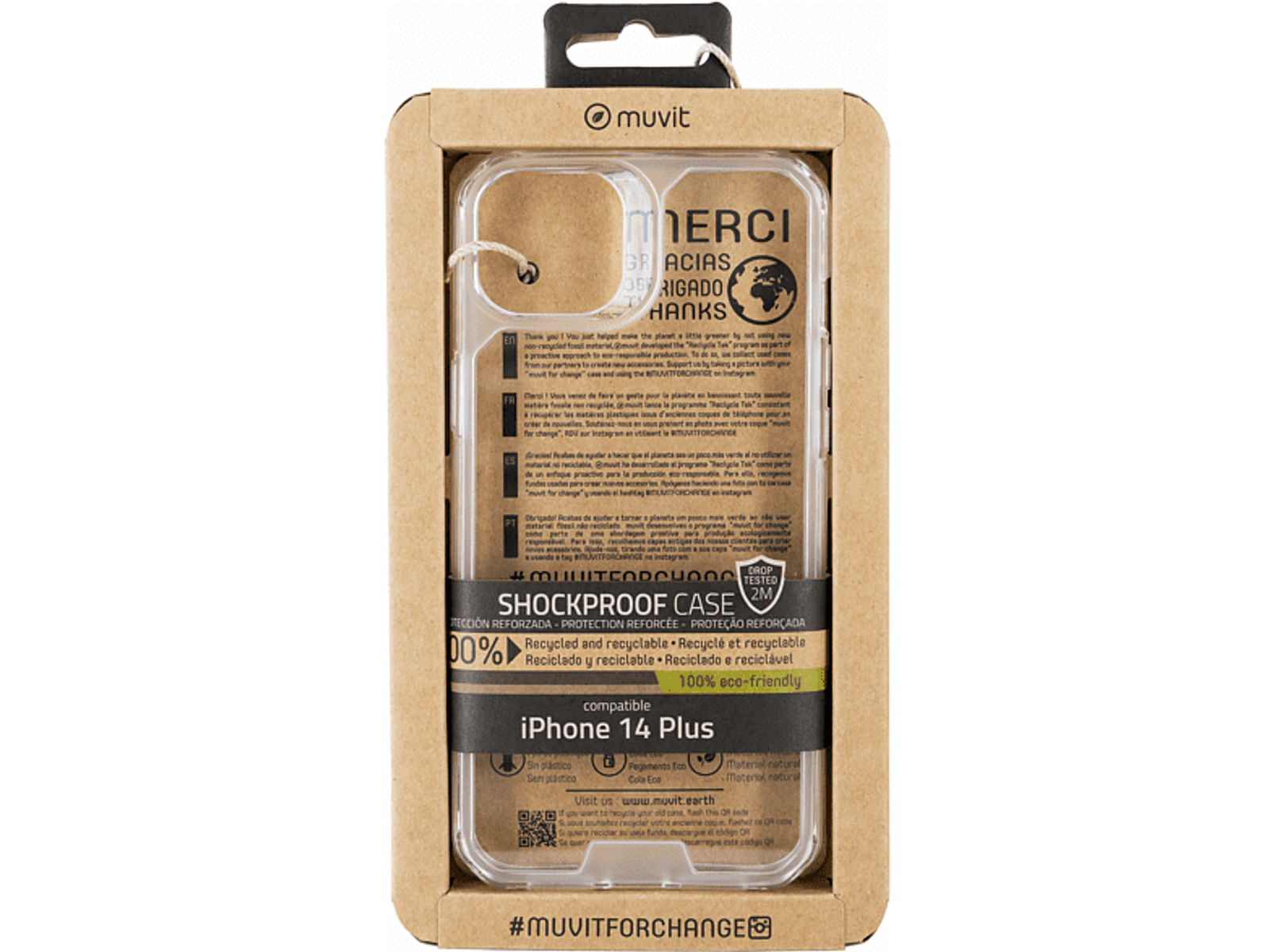 Funda transparente en caja marrón. Texto indica reciclaje.