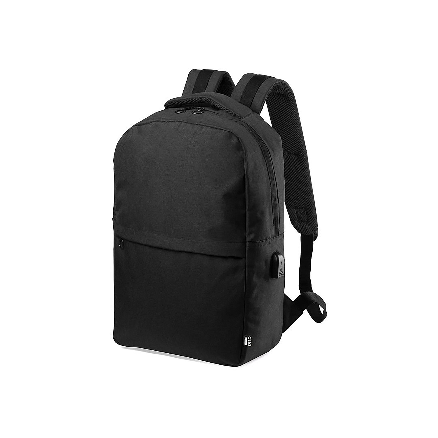 Uno zaino nero con tasca frontale, porta USB e spallacci imbottiti.