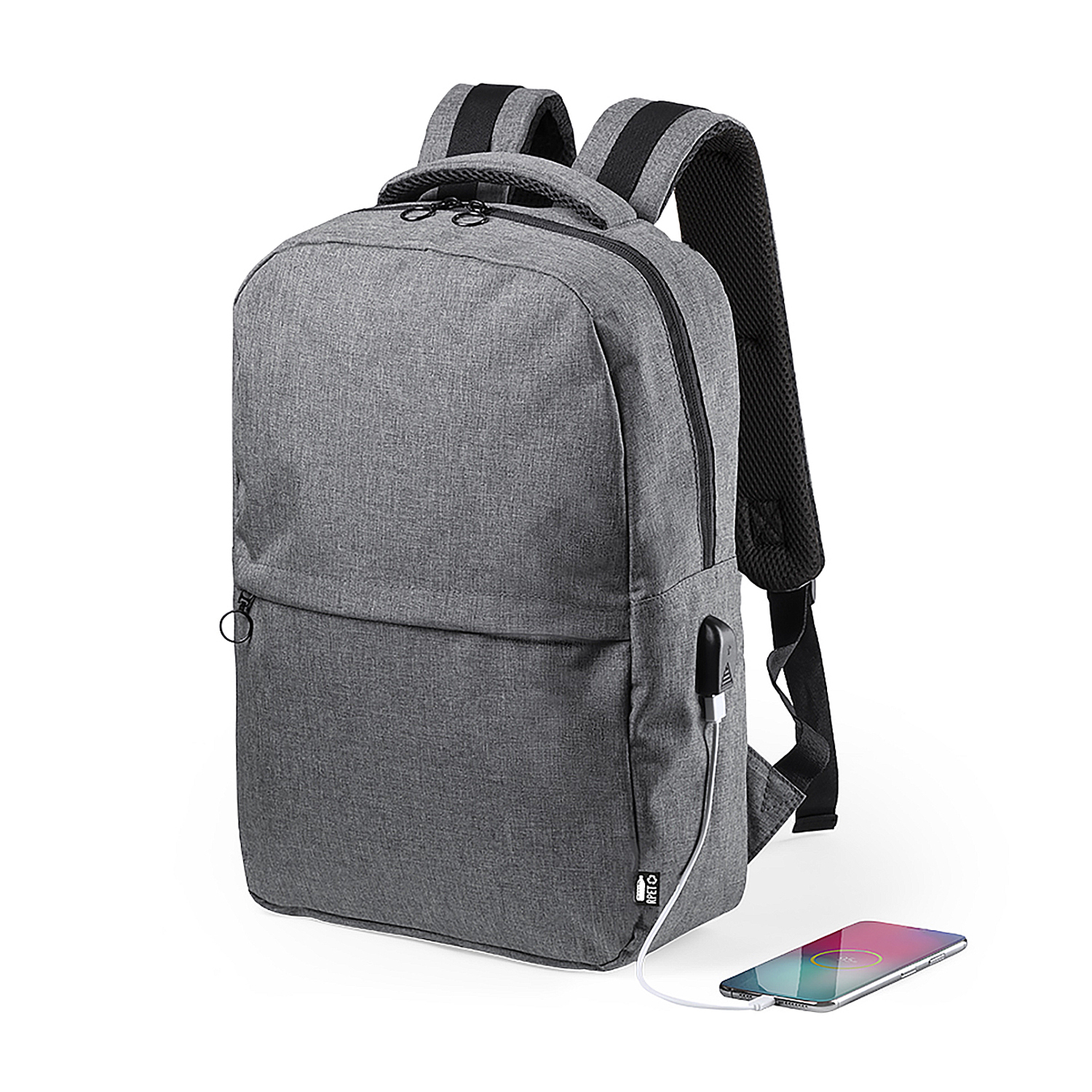 Zaino grigio con porta di ricarica e telefono collegato.