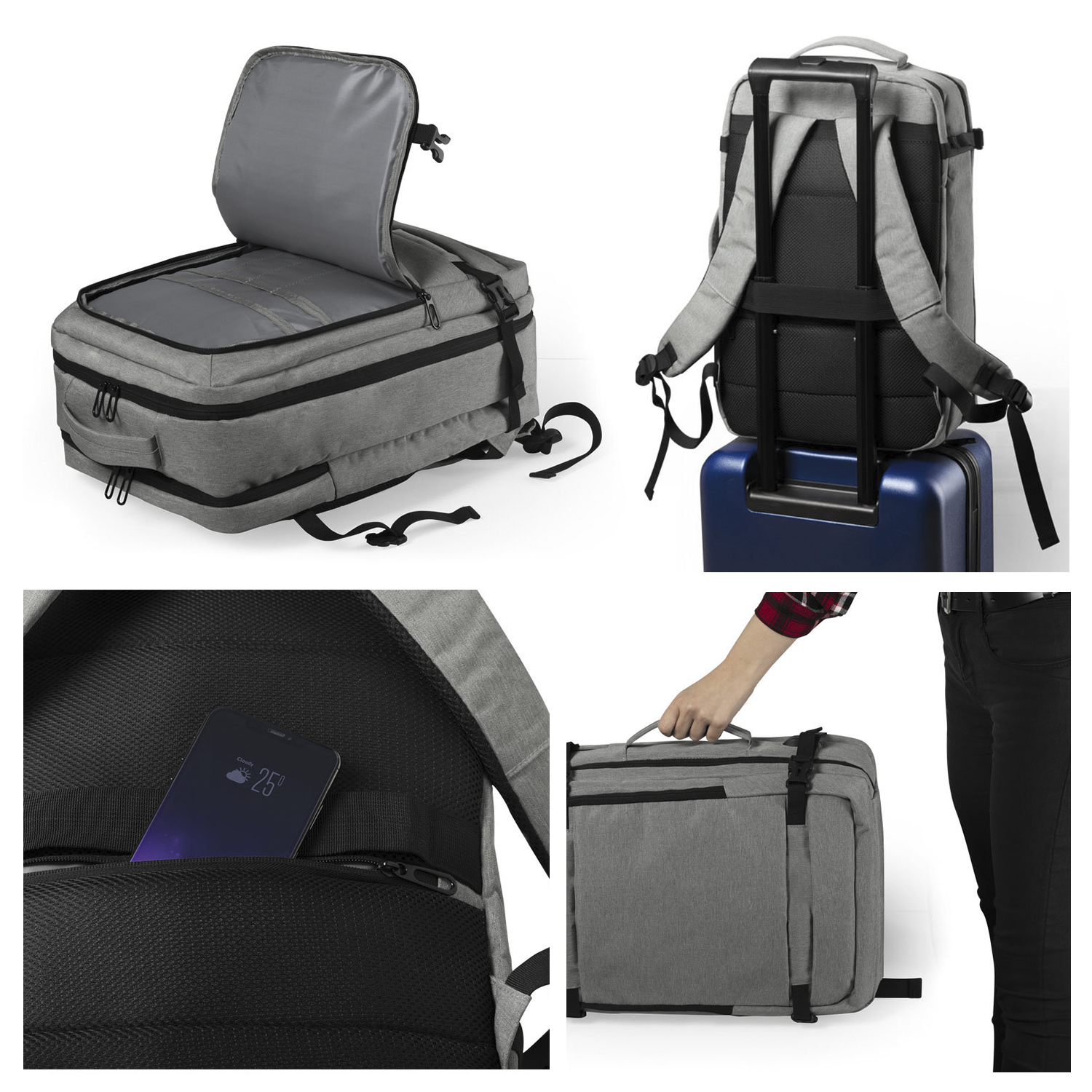 Zaino grigio con più scomparti. È su una valigia blu. Include una porta USB.