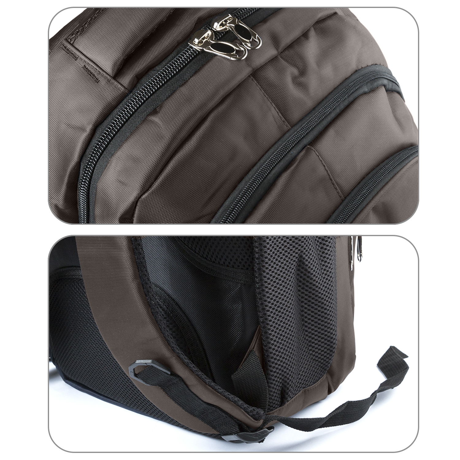 Primo piano di uno zaino marrone. Cerniere, tasche e cinghie visibili.