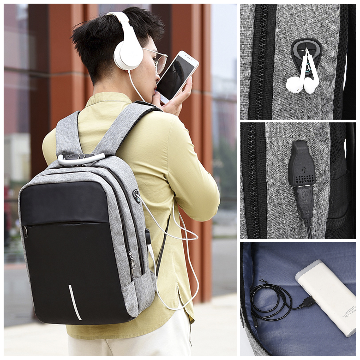 Un uomo con le cuffie usa un telefono e uno zaino con porte USB e cuffie.