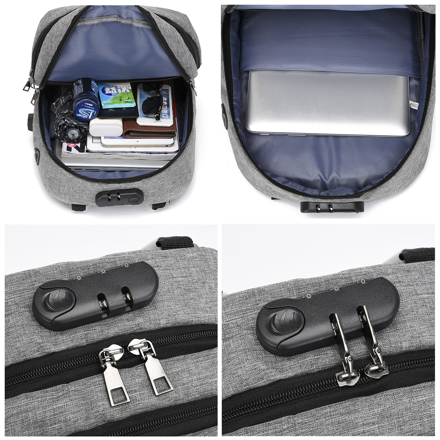 Quattro immagini che mostrano uno zaino aperto con oggetti all'interno, tra cui un laptop e un lucchetto.