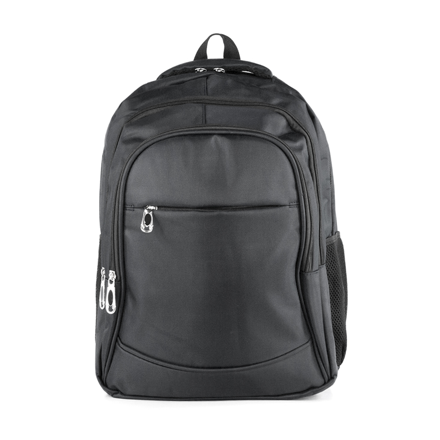 Mochila negra con múltiples compartimentos y cremalleras sobre fondo blanco.
