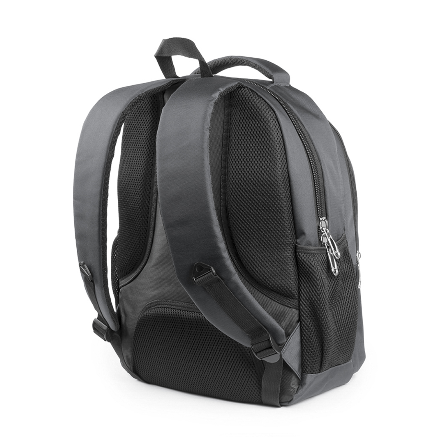 Una mochila negra con respaldo de malla, dos correas para los hombros, asa superior y bolsillo lateral.
