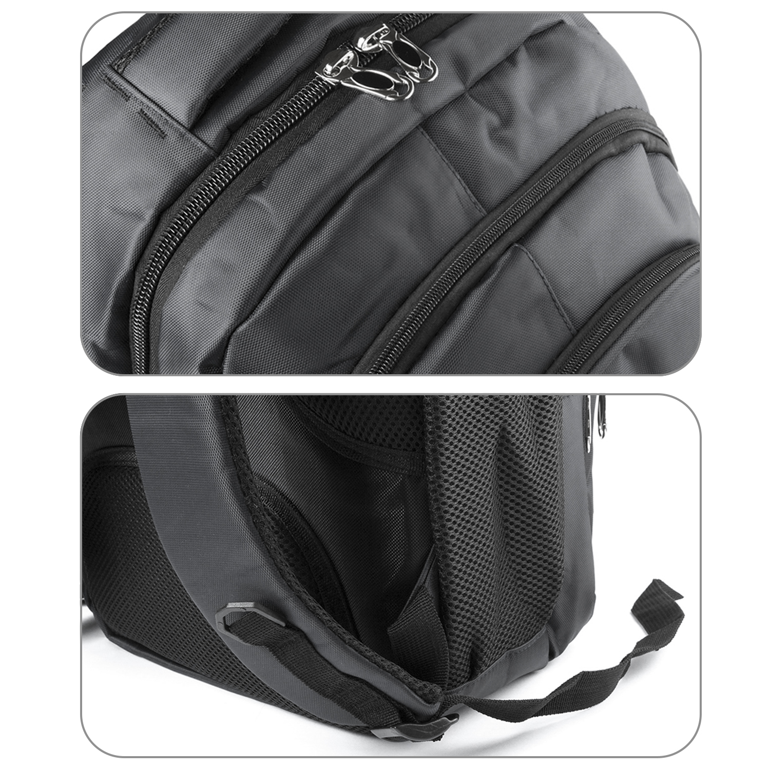 Primer plano de una mochila negra que muestra los bolsillos superior y lateral, cremalleras y el panel trasero.