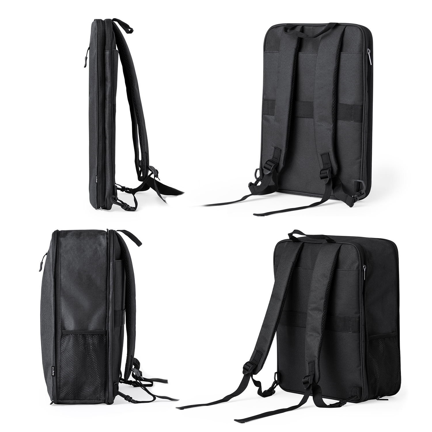 Quattro viste di uno zaino nero con cinghie. La borsa è rettangolare con una tasca laterale e una cerniera.
