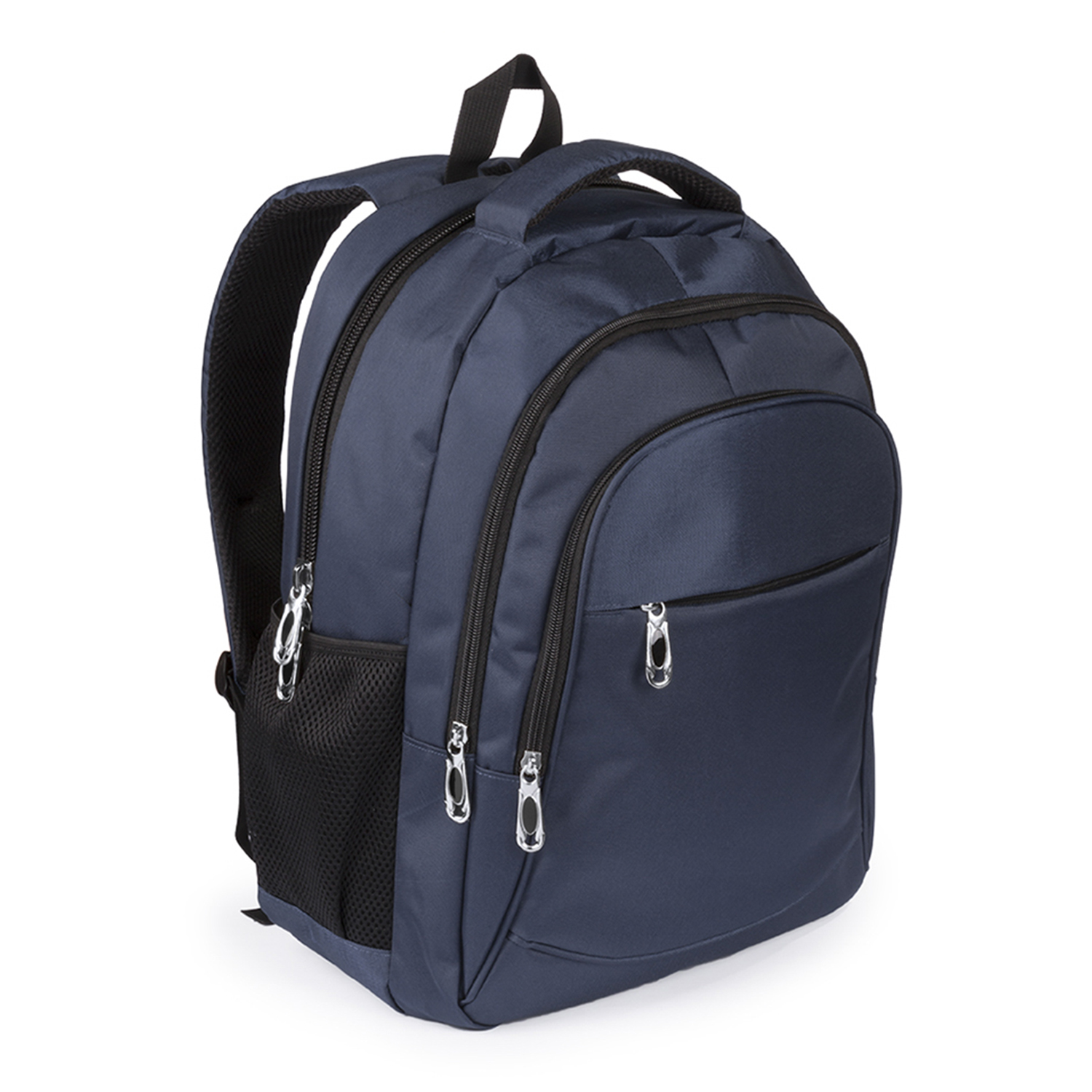 Zaino blu navy con multiple cerniere e una tasca laterale in rete.