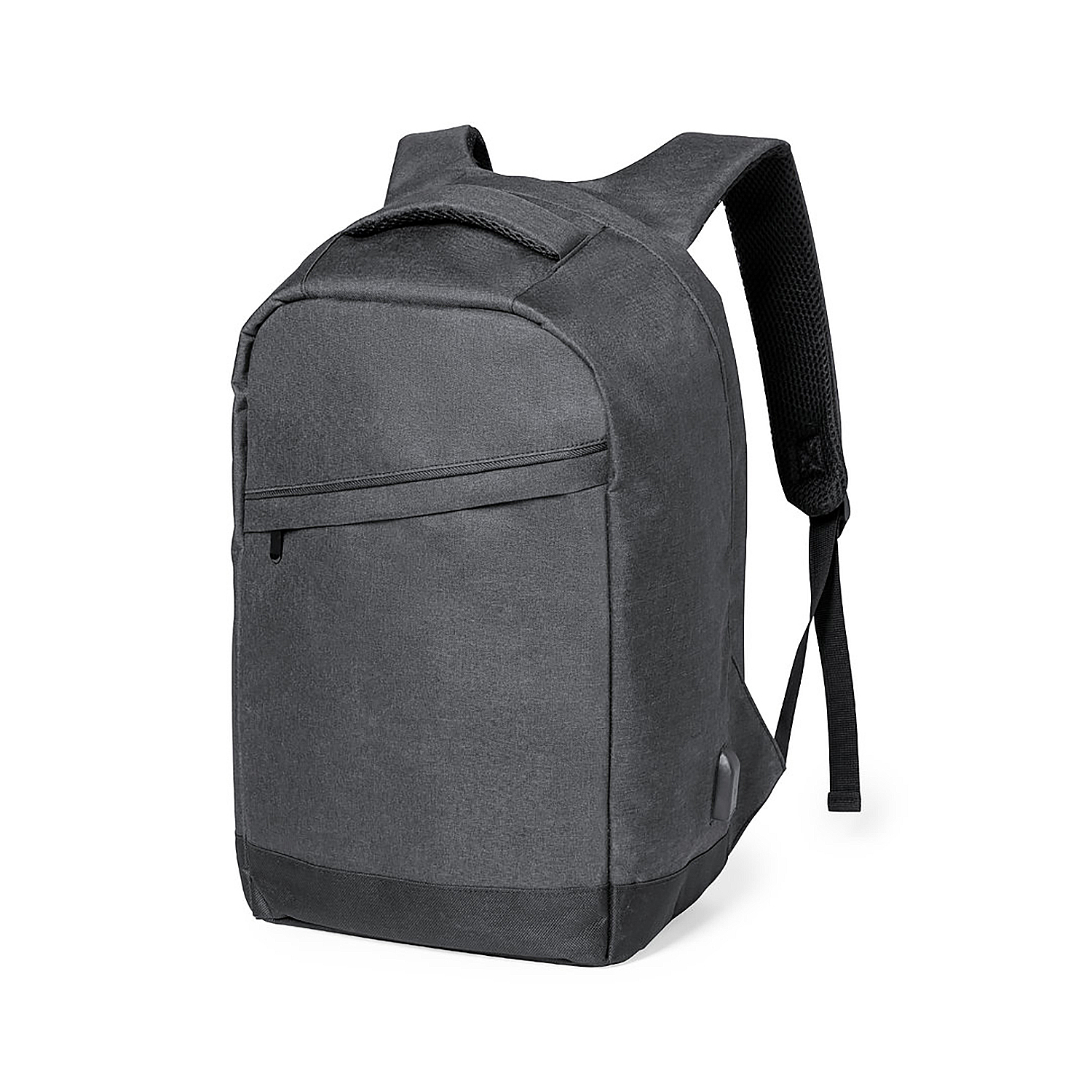 Mochila gris oscuro con un solo bolsillo frontal y asa superior, sobre blanco.