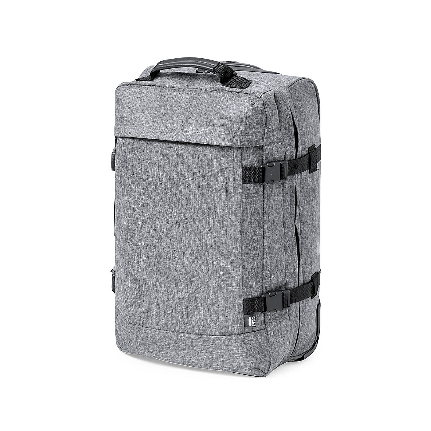 Ein grauer Reise-Rucksack mit schwarzen Gurten und Schnallen. Er ist rechteckig und hat einen oberen Griff.