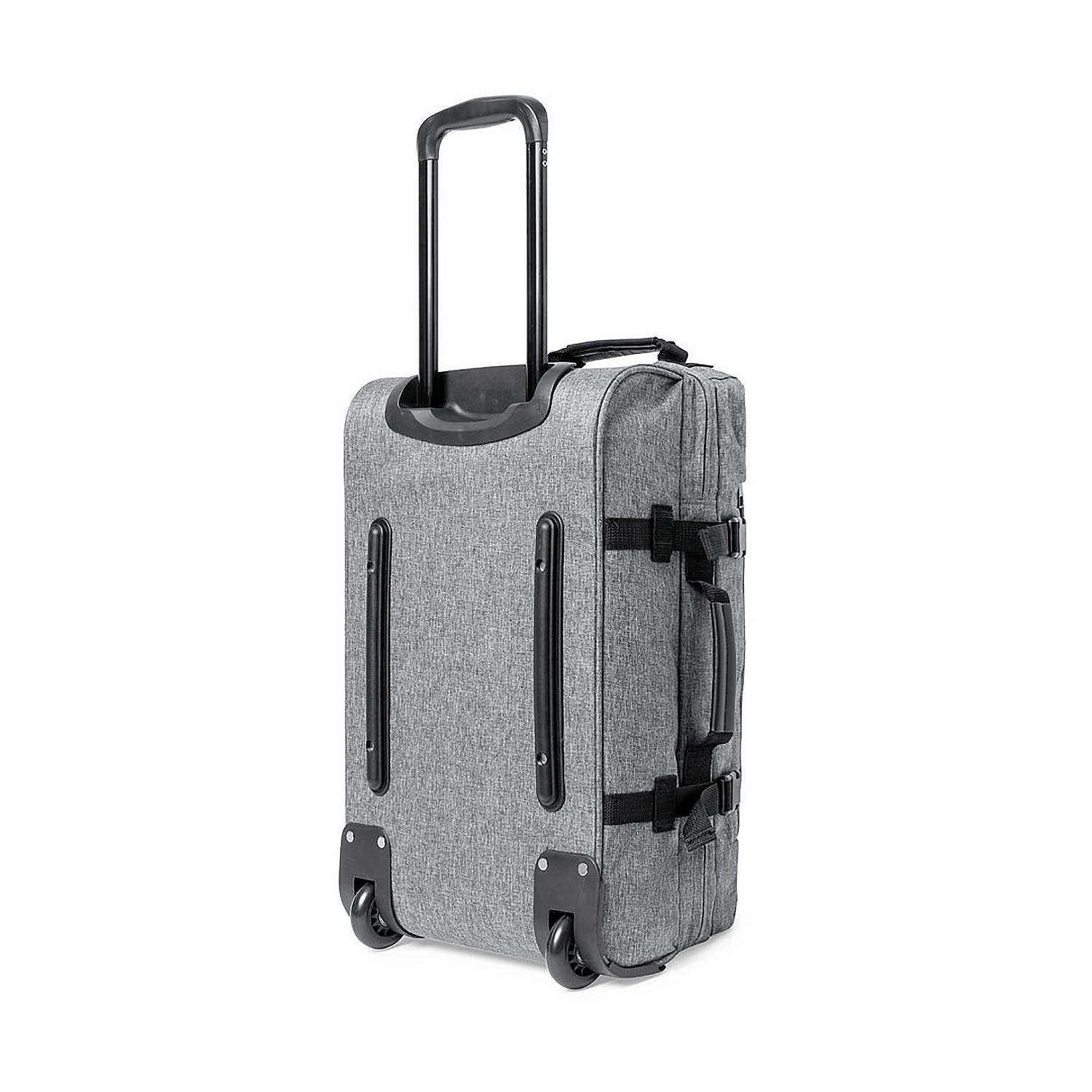 Grauer Rollkoffer mit Griff und Rädern.