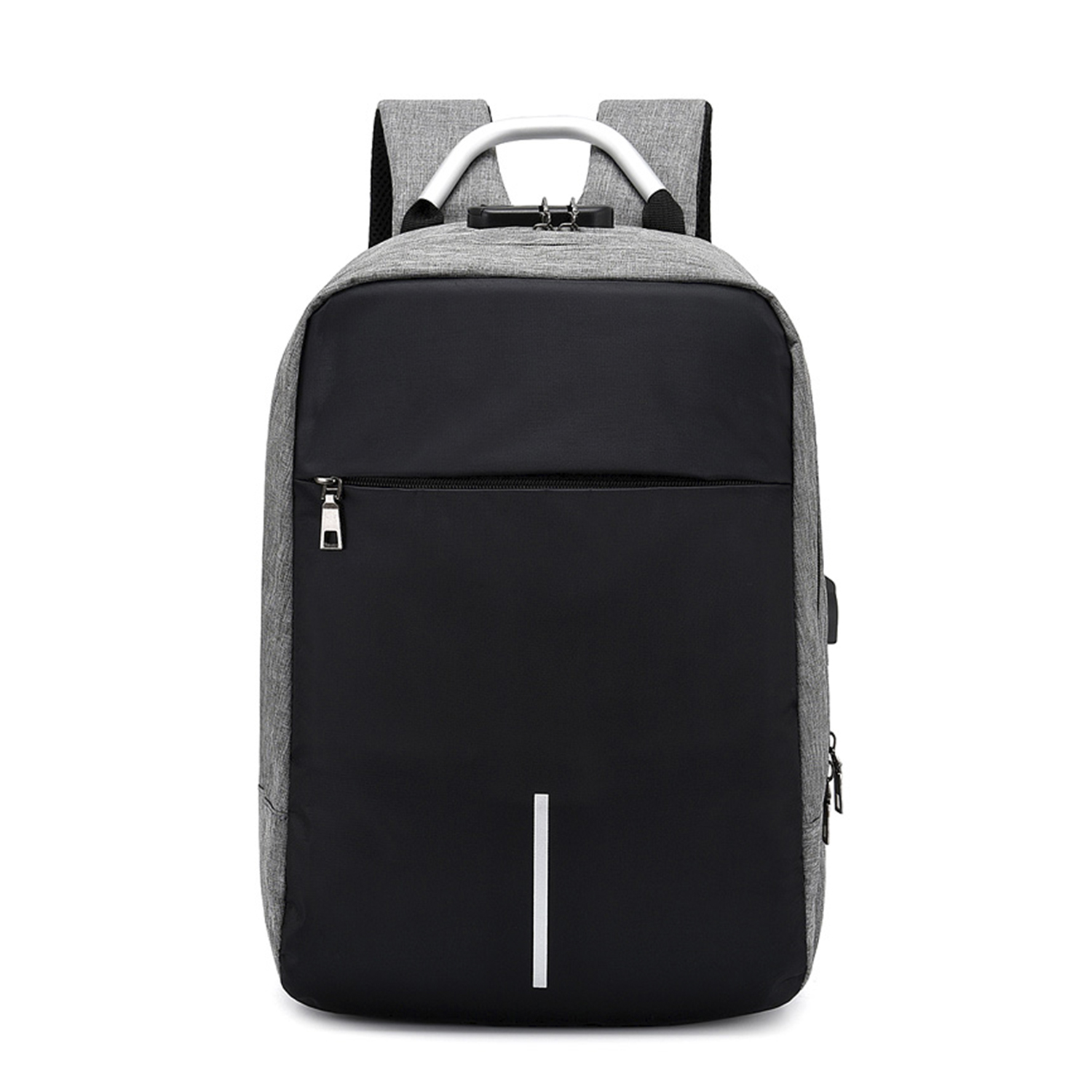 Zaino con design grigio e nero, serratura e cerniera frontale.