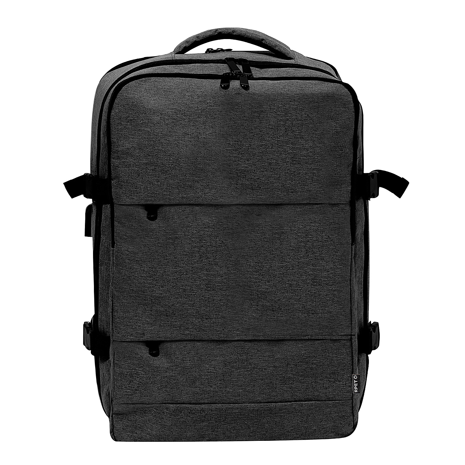 Mochila gris oscuro con múltiples compartimentos con cremallera y correas ajustables.