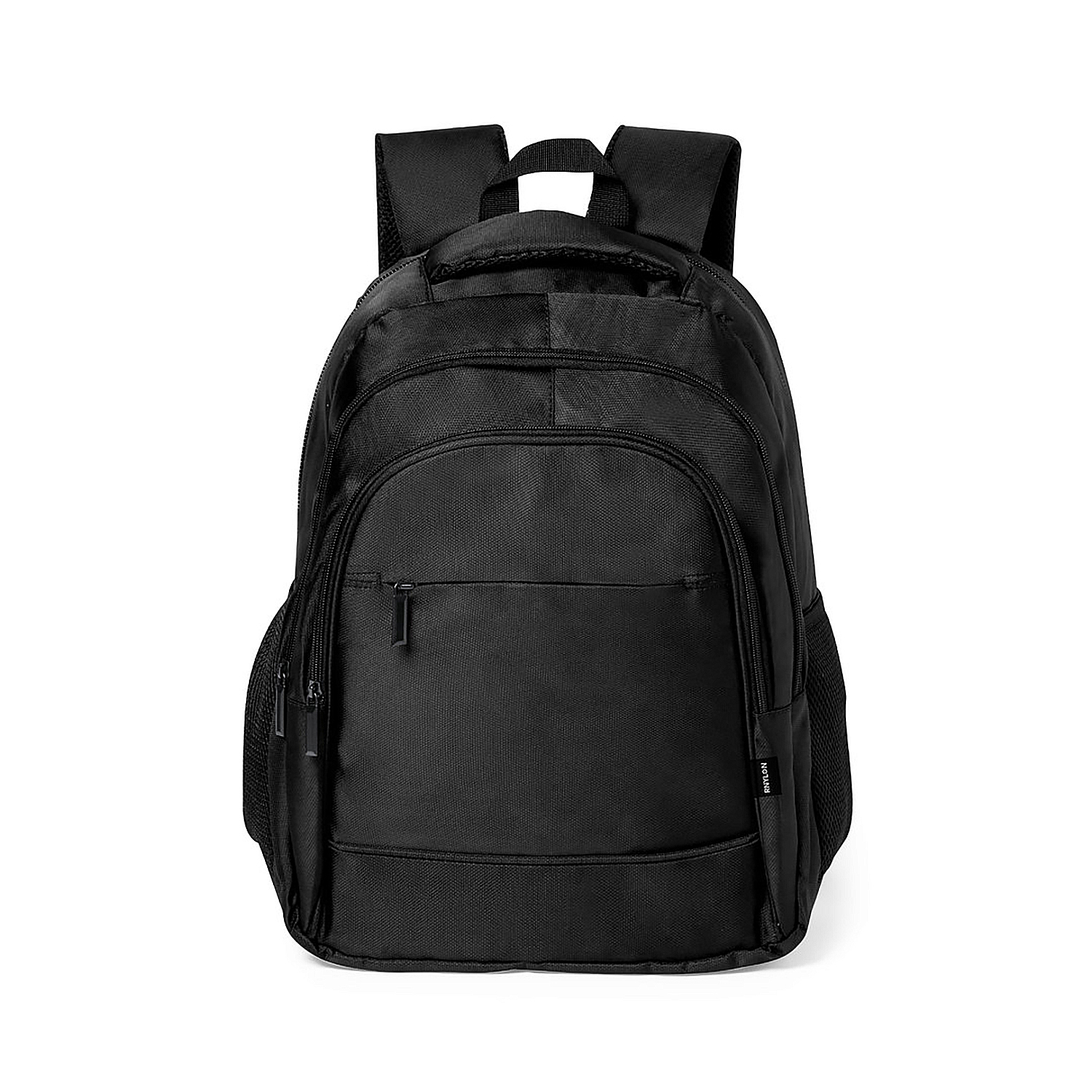 Una mochila negra con varios bolsillos y un asa.