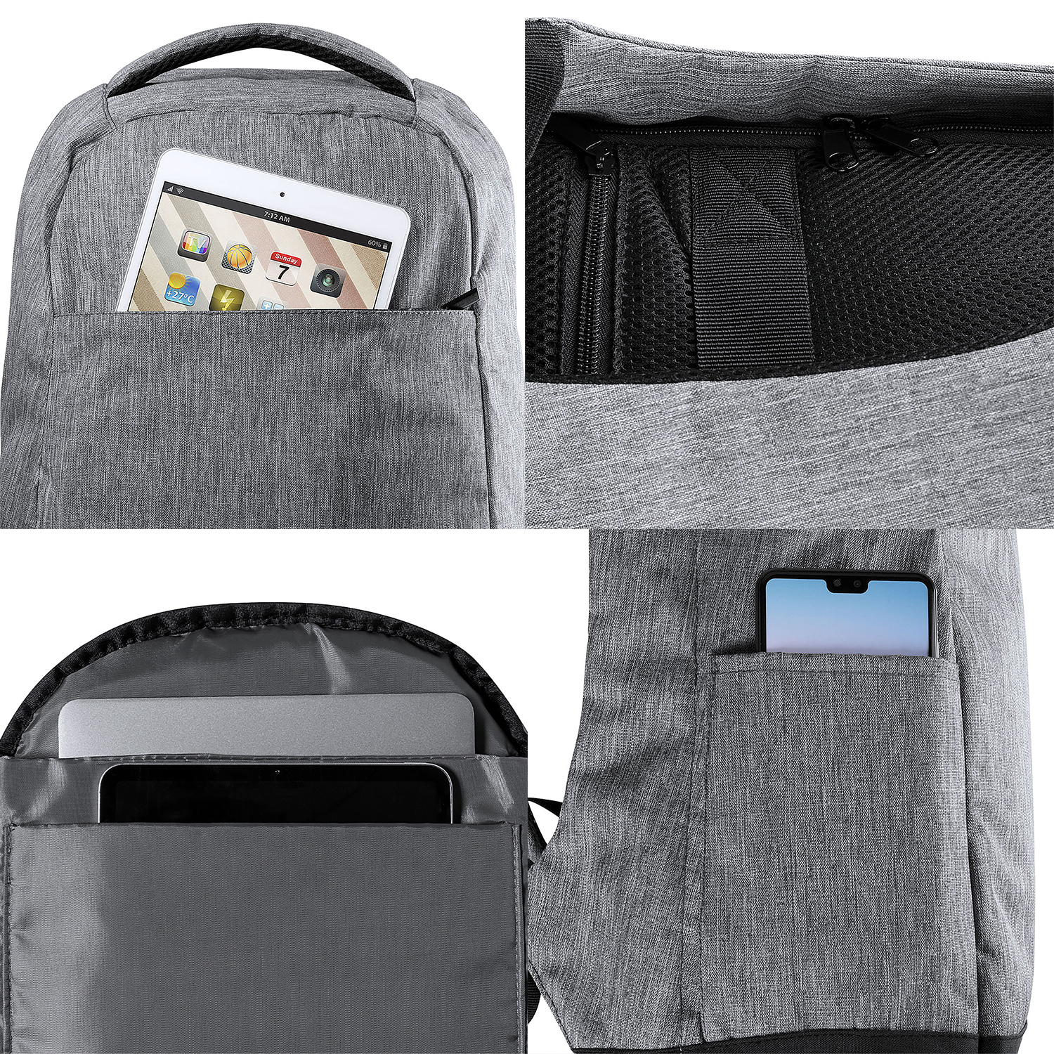 Un dettaglio dello zaino che mostra tasche per tablet, laptop e telefono. Tessuto grigio e cerniere nere visibili.
