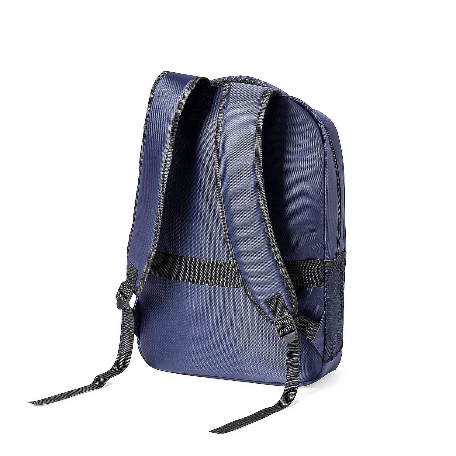 Uno zaino blu navy con cinghie nere, visto da dietro.