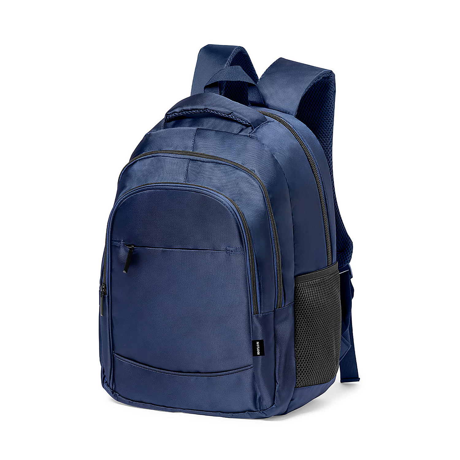 Zaino blu con tasca frontale e laterale in rete, cerniere nere e spallacci imbottiti.