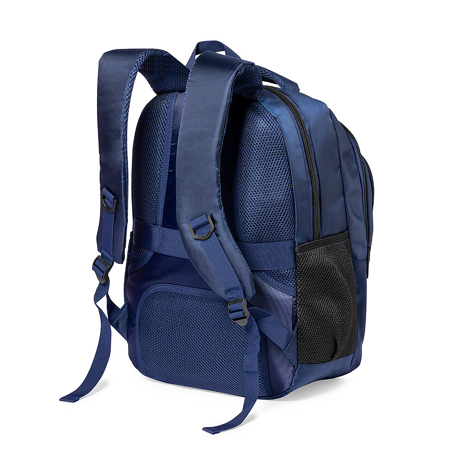 Uno zaino blu navy con molteplici scomparti e cinghie su sfondo bianco.