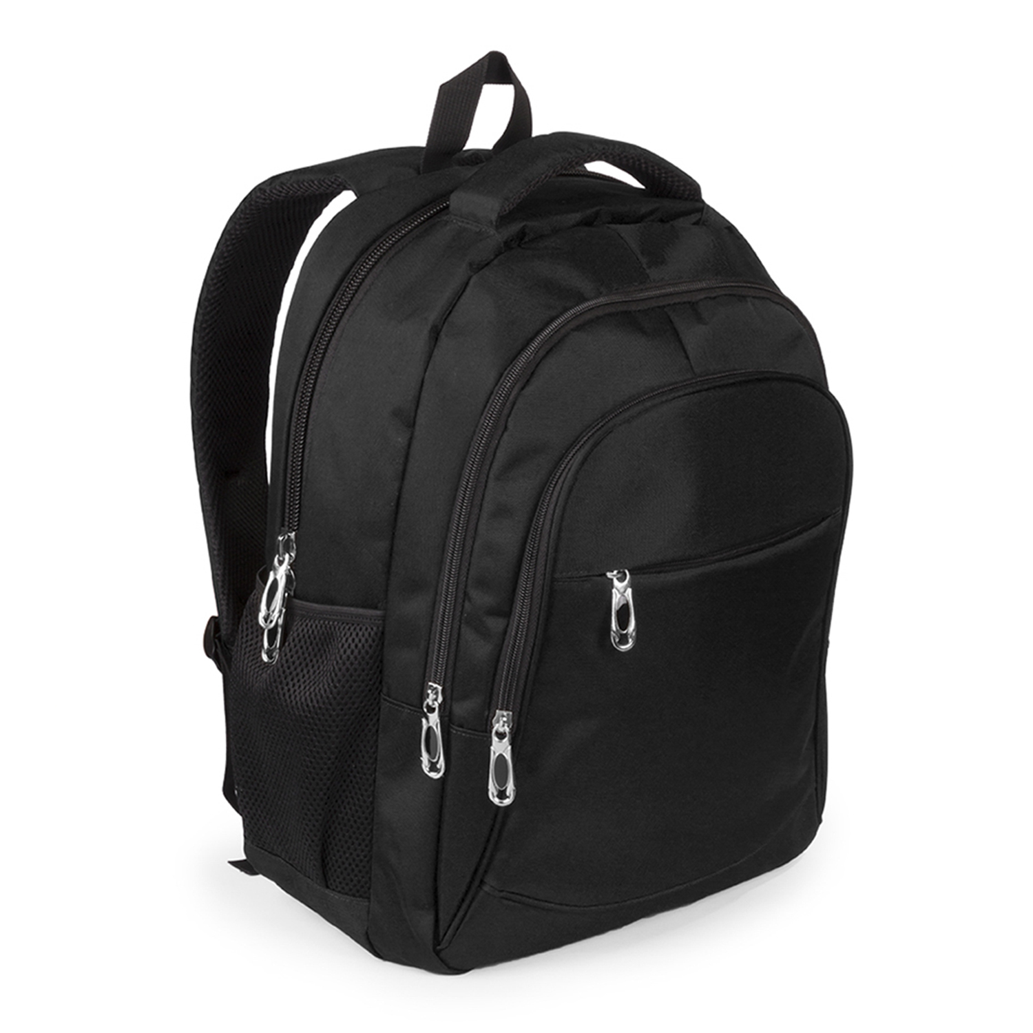 Zaino nero con più scomparti e cerniere argentate. Tasche frontali e tasca laterale in rete.