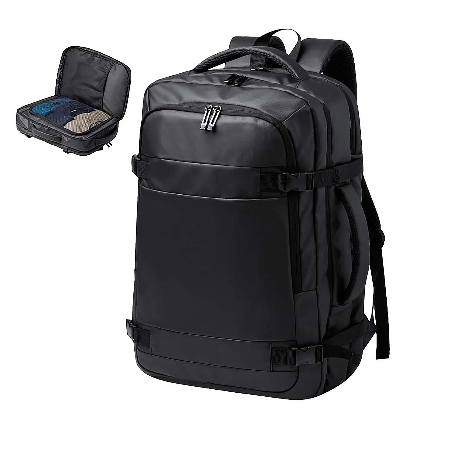 Zaino nero con una piccola borsa aperta all'interno, isolato su sfondo bianco.