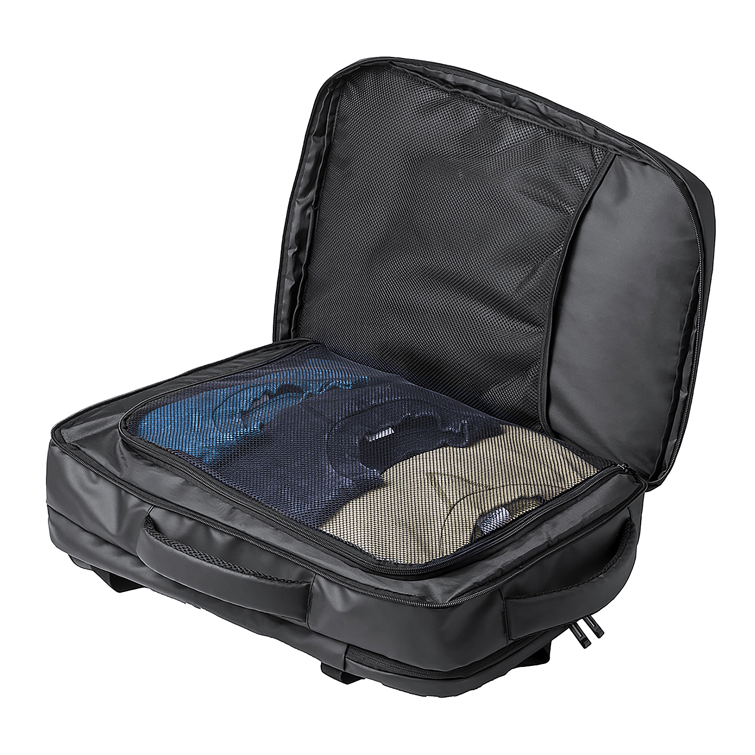 Zaino da viaggio nero aperto, che rivela vestiti imballati e un divisorio a rete all'interno.