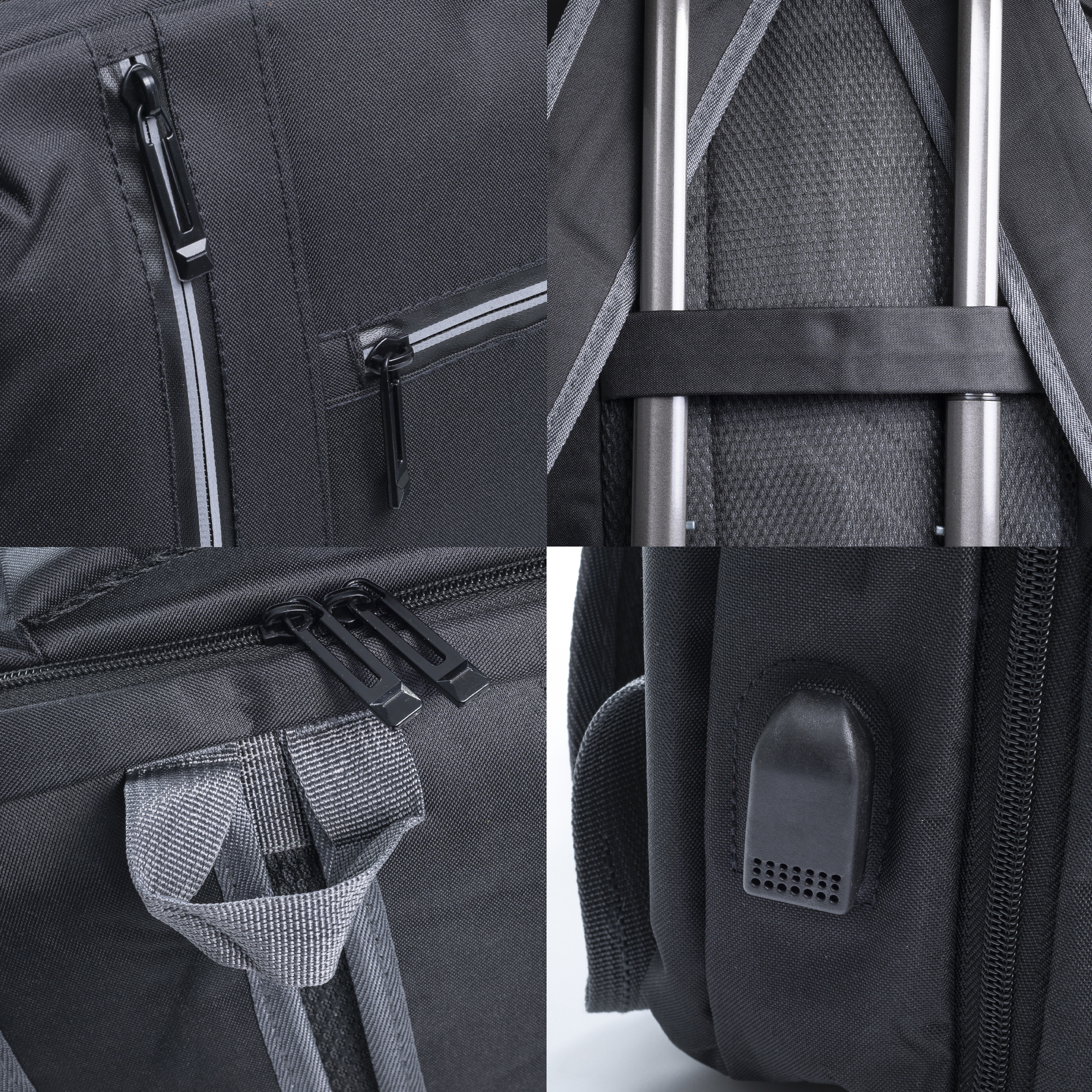 Primo piano di uno zaino nero con cerniere, una maniglia e una porta USB.