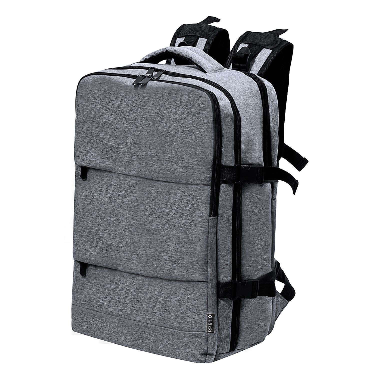Zaino grigio con scomparti multipli e cinghie nere su bianco.