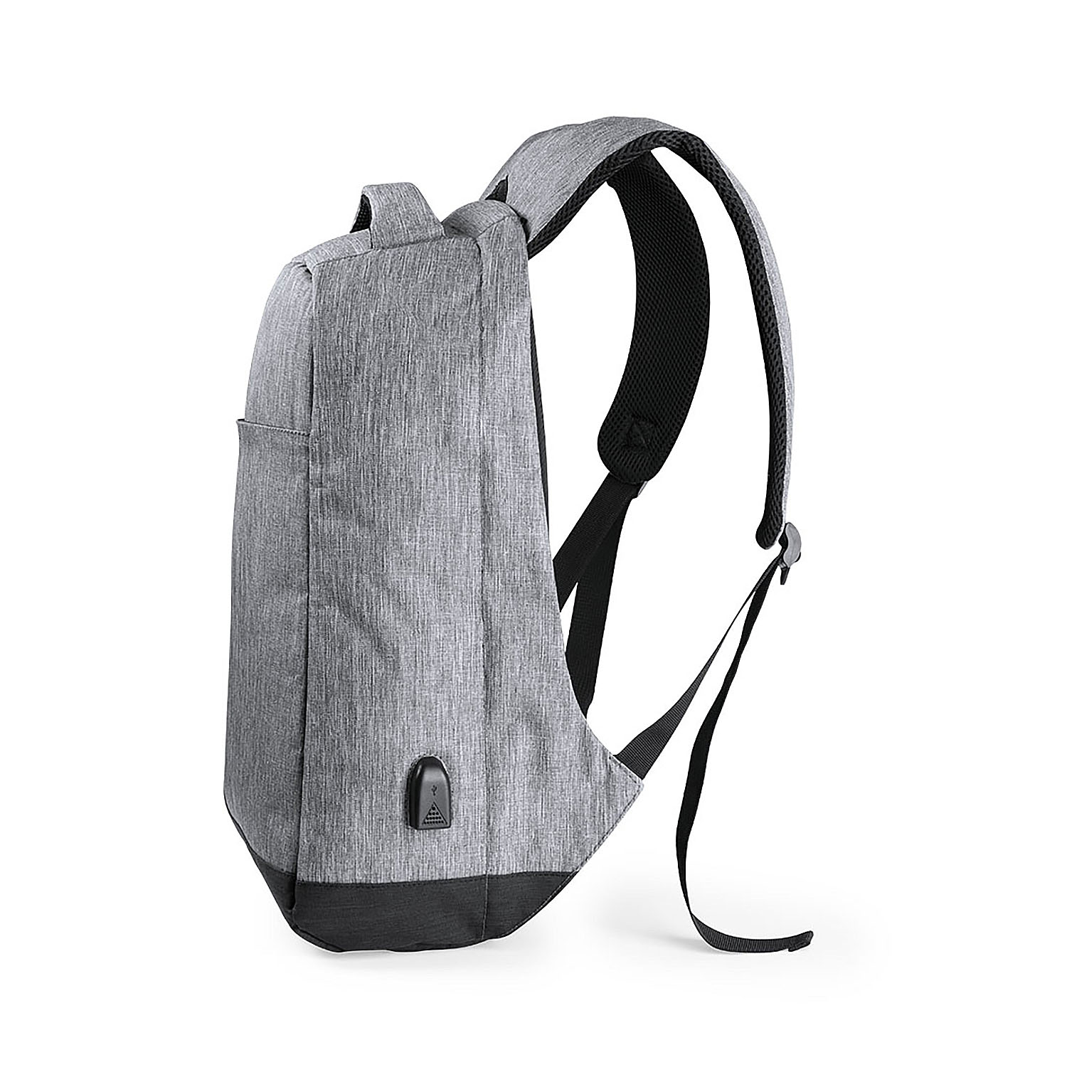 Uno zaino grigio con fondo nero, una porta USB e una maniglia laterale.