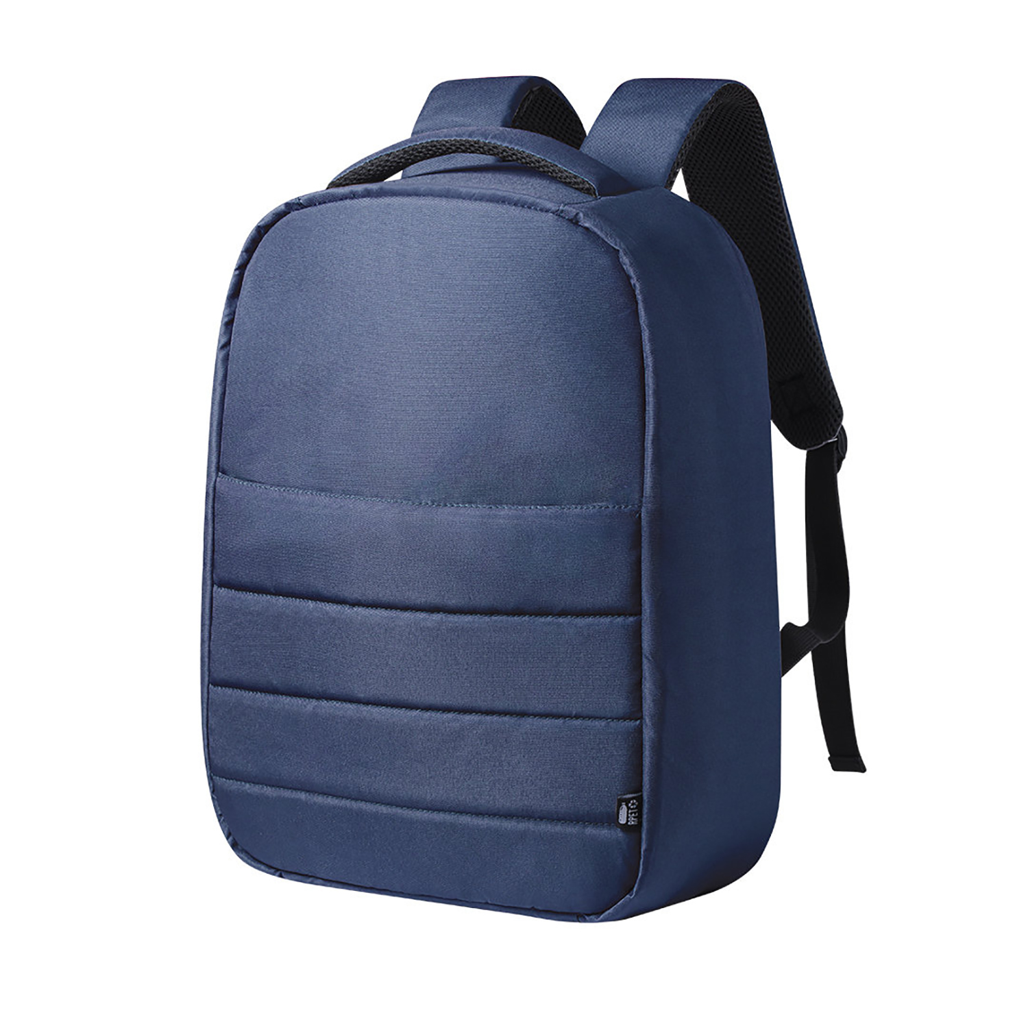 Zaino blu navy con spallacci imbottiti e maniglia, su sfondo bianco, dalla forma curva.