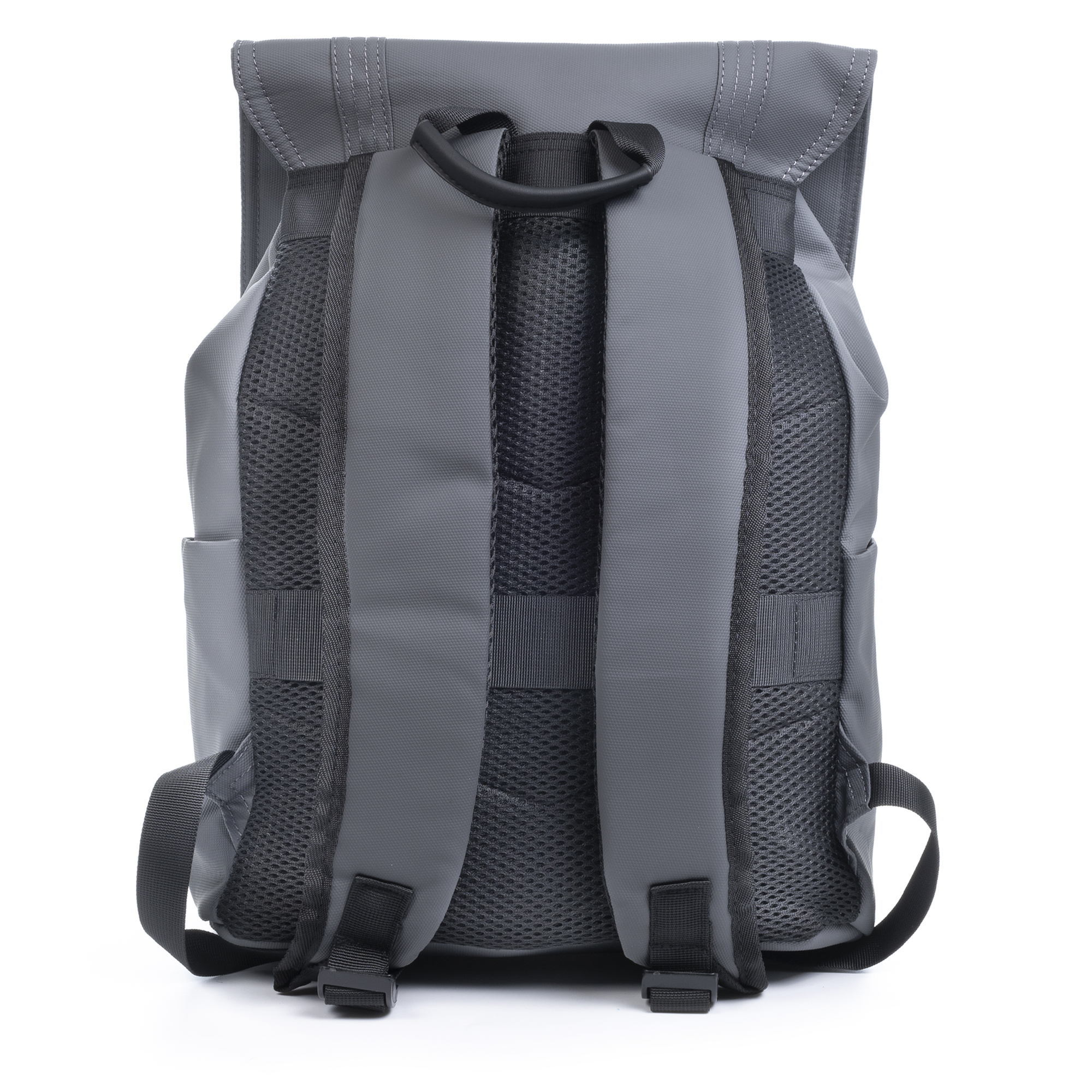 Graue Rucksackrückseite mit gepolsterten Trägern und Mesh-Belüftung.
