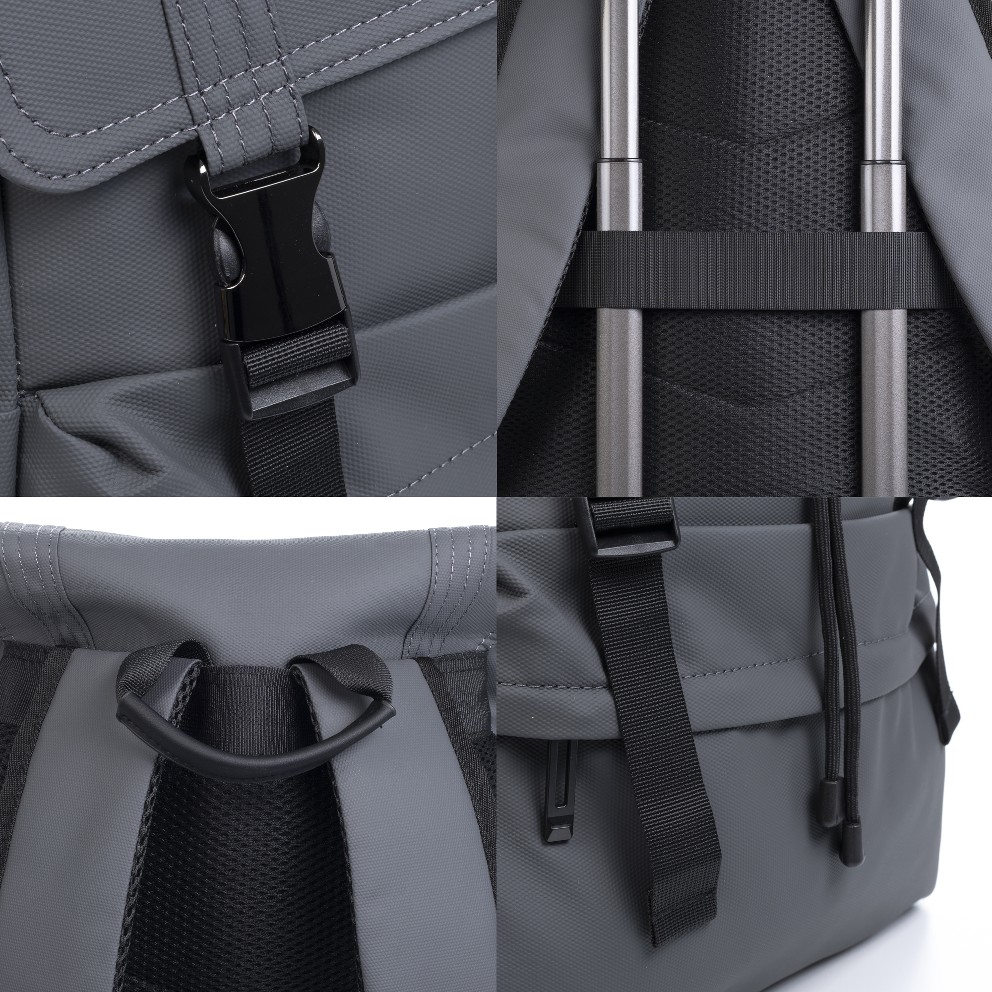 Nahaufnahmen eines grauen Rucksacks mit Schnallen, Gurten und einem Griff.