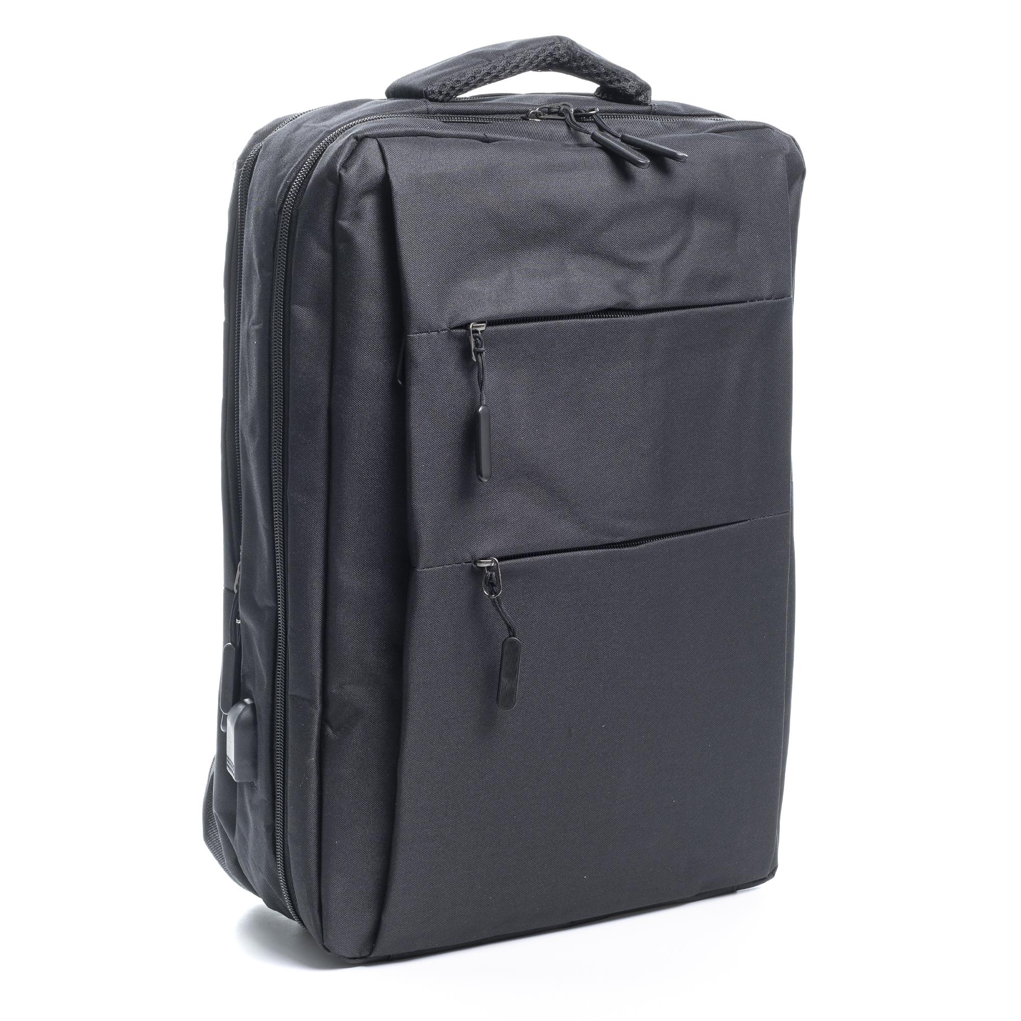 Schwarzer Rucksack mit mehreren Reißverschlussfächern und einem oberen Griff, vor weißem Hintergrund.