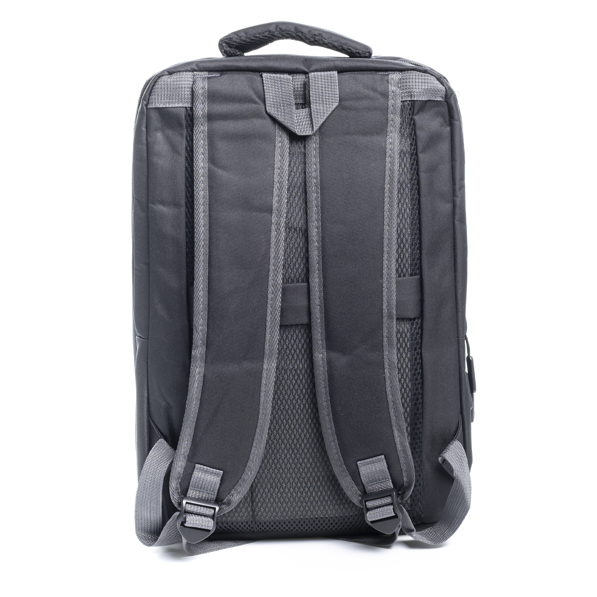 Rückseite eines schwarzen Rucksacks mit grauen Trägern und einem grauen Mesh-Rückenteil. Zwei Träger und Griff oben.