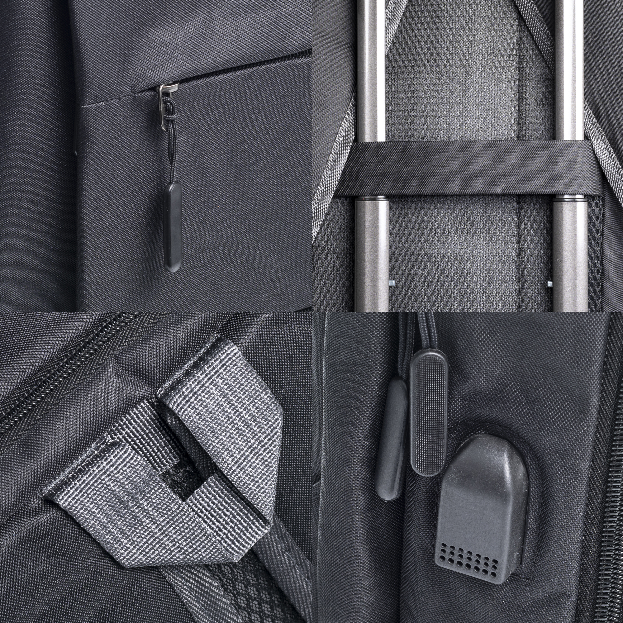 Nahaufnahme eines schwarzen Rucksacks mit Reißverschlüssen, Trägern und einem USB-Anschluss.