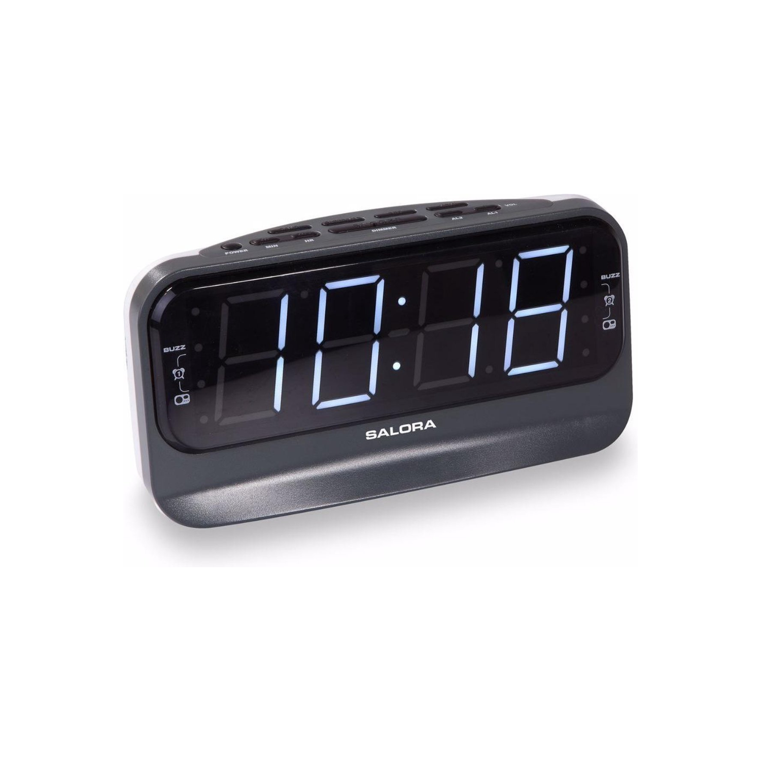 Digital alarm clock displaying 10:18 with a black frame and buttons.