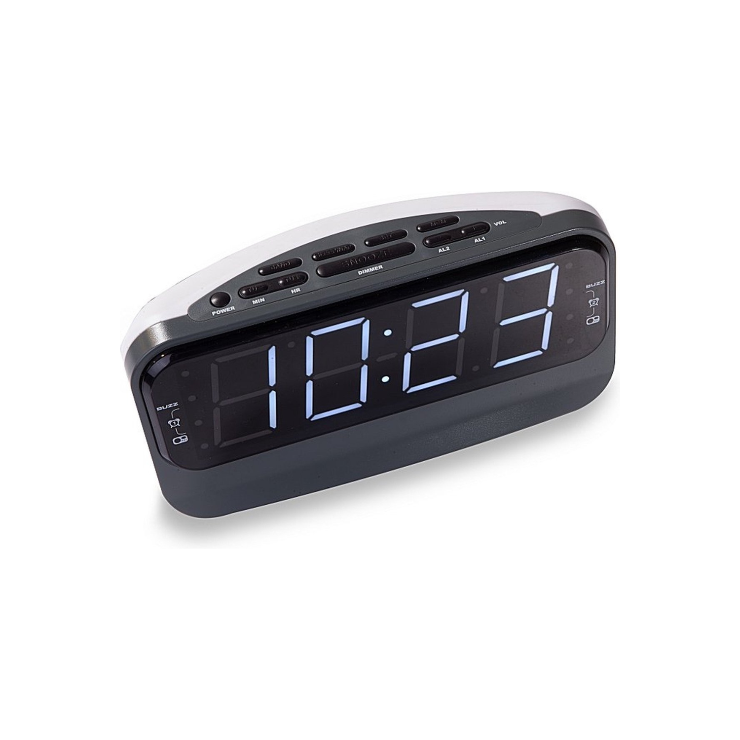 Digital alarm clock on a white surface.