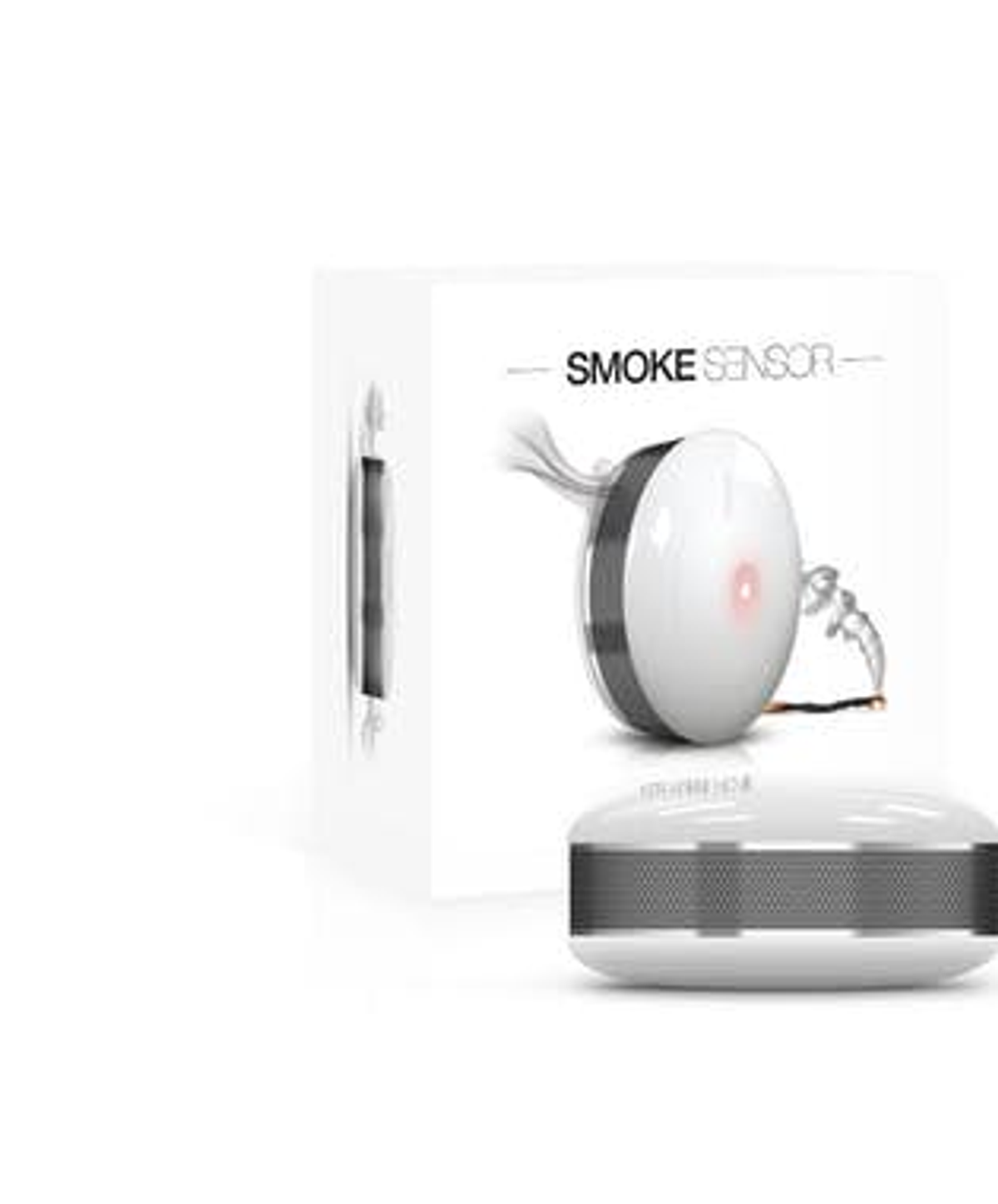 Biały czujnik dymu z pudełkiem produktu. Okrągły design.