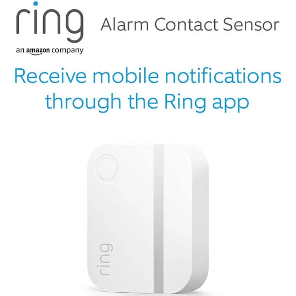 Weißer Ring-Alarmkontaktsensor mit Text. Quadratisches Gerät, Markenlogo.